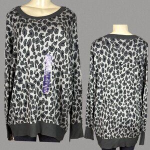 Isaac Mizrahi +XXL Gray Animal Print Crew Neck Ribbed Trim Long Sleeve Sweater